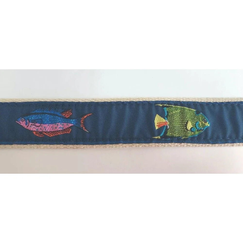 Leather Man LTD Essex CT Belt Men’s 30 Tan Canvas Navy Fish Brown Leather USA